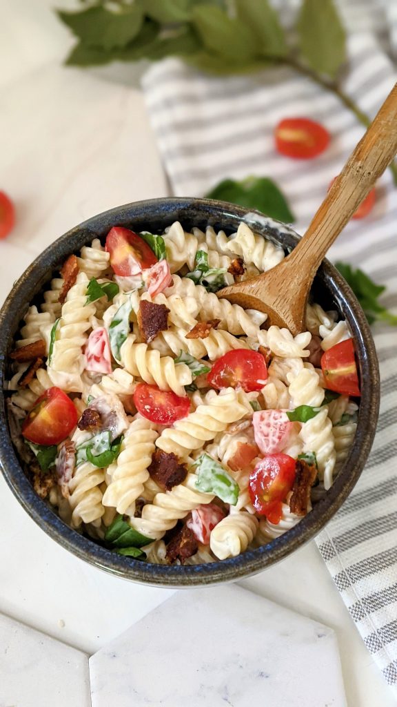 easy blt ranch pasta salad recipe with tomatoes bacon and spinach instead of lettuce