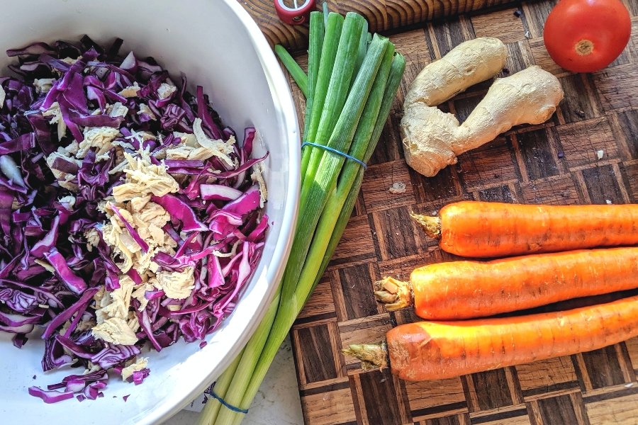 healthy chinese chicken salad recipe with chicken breast carrots red cabbage green onions and ginger in the kitchen.