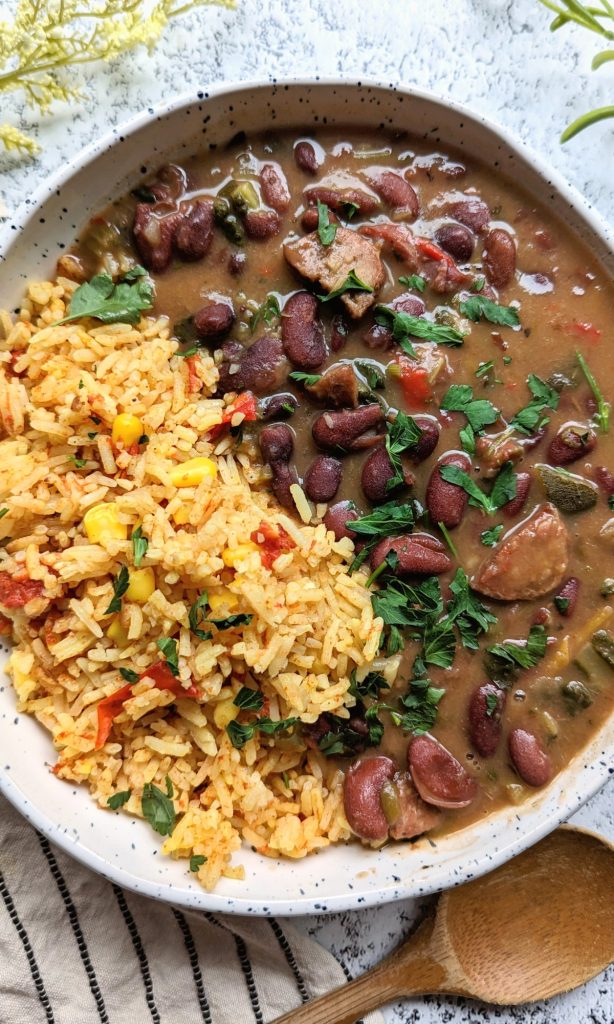kidney beans and yellow rice red beans and turmeric rice recipe with sausage and spices