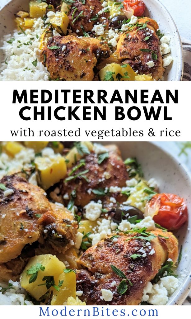 mediterranean chicken bowl recipe with feta cheese tomatoes zucchini and lemon chicken thighs over rice