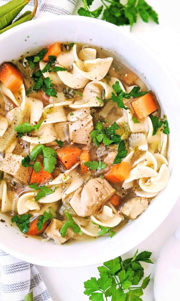pressure cooker turkey noodle soup recipe with lemon parsley carrots celery garlic onions and egg noodles one pot turkey soup recipe
