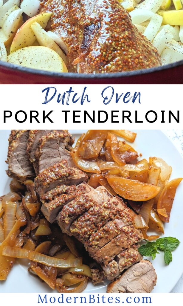 dutch oven pork tenderloin with onions apple in a honey mustard glaze and baked in the oven