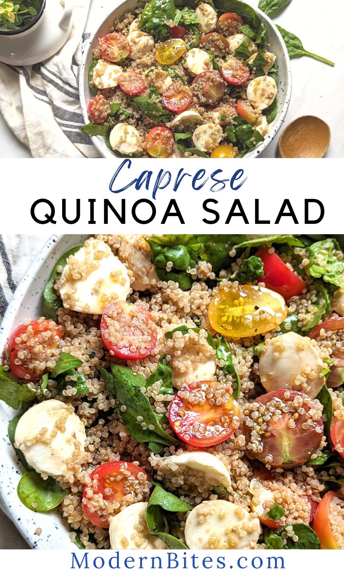 caprese quinoa salad recipe with mozzarella tomatoes basil and cooked quinoa