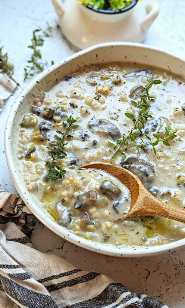cream of mushroom soup with brown rice and thyme in a bowl make ahead freezer meals and modern meal prep ideas