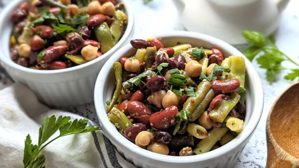 5-bean salad recipe with black beans dark red kidney beans garbanzos and green beans and yellow wax beans