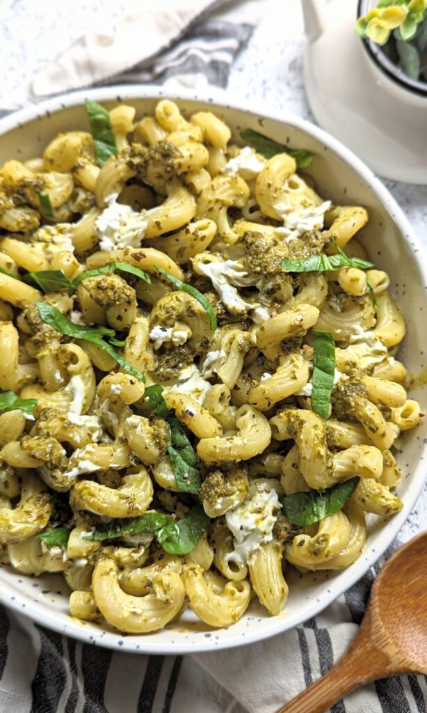pest pasta with goat cheese noodles recipe chevre pasta with cavatappi noodles and fresh basil or greens to top