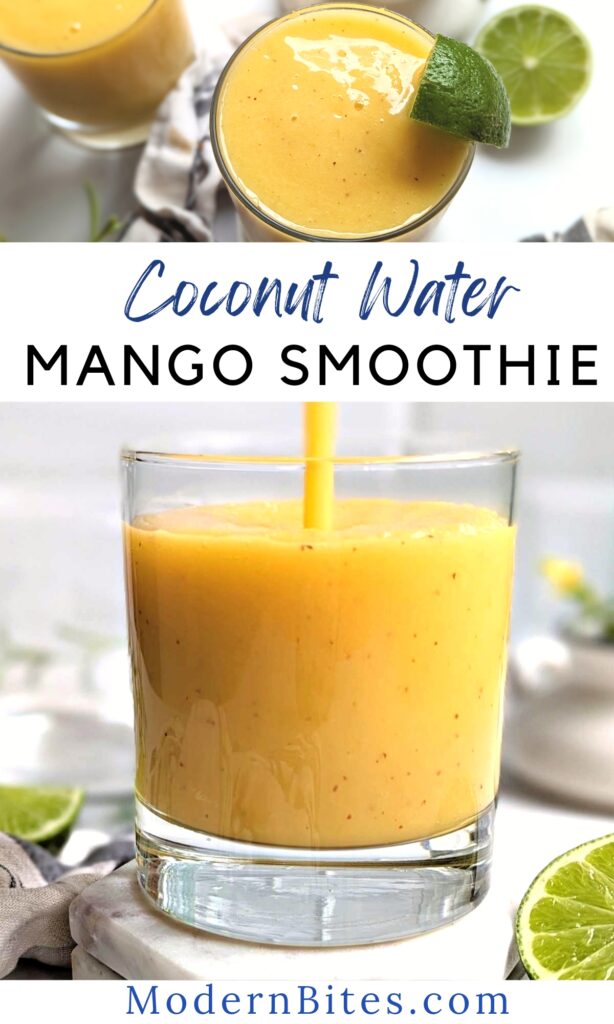 coconut water mango smoothie recipe with mangoes and limes and flaxseeds and ice vegan vegetarian dairy free