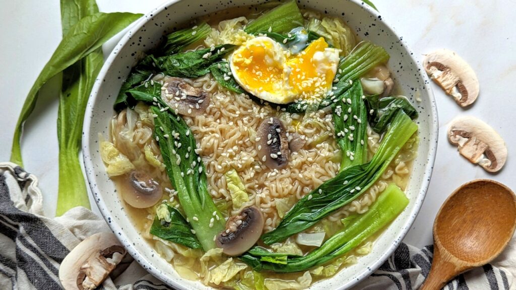 ramen with bok choy and egg with greens and sesame seeds quick lunch ideas