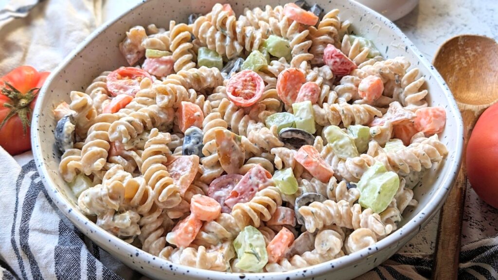 no mayo pasta salad with cream cheese carrots cucumbers peppers and olives