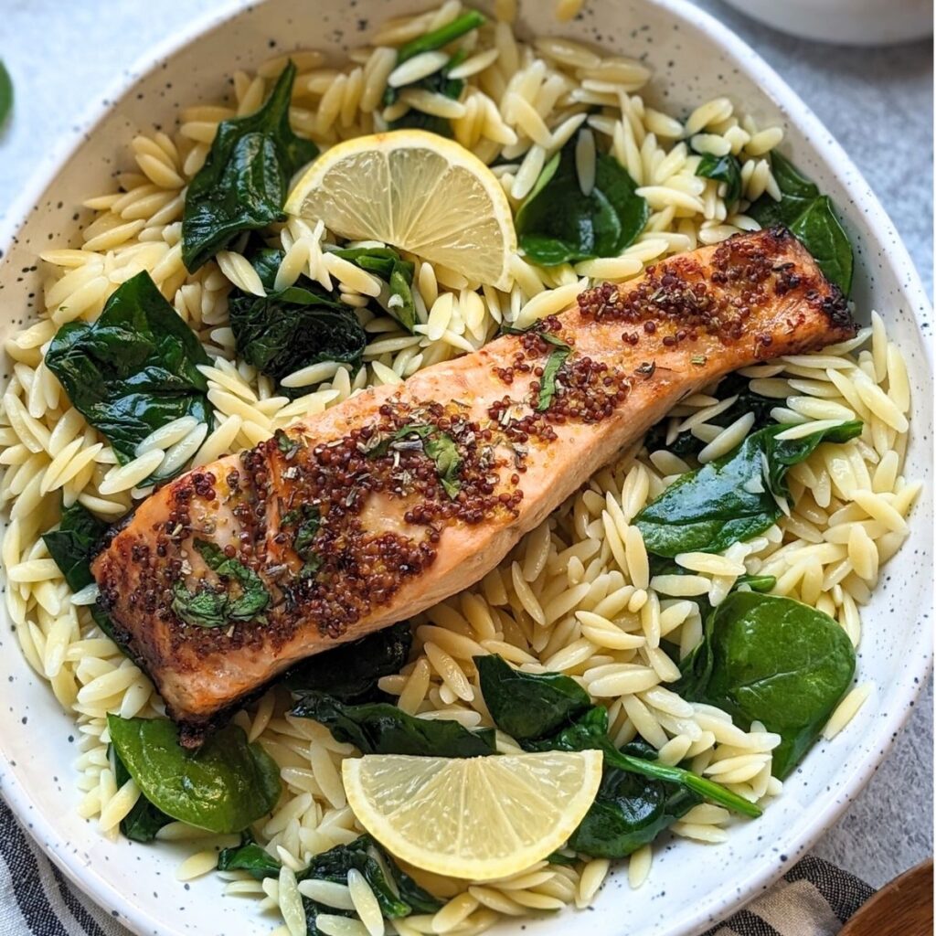 salmon orzo recipe with spinach and lemon and orzo pasta and garlic easy dinner recipes