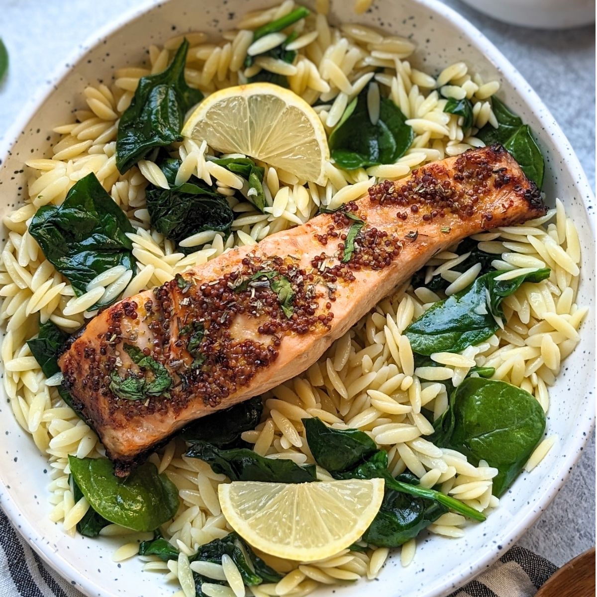 Salmon Orzo Recipe with Spinach and Lemon