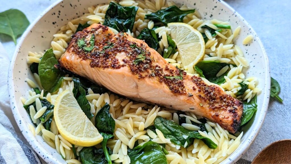 salmon fillets with orzo recipe easy dinner ideas with fresh or frozen salmon and small shape orzo noodles