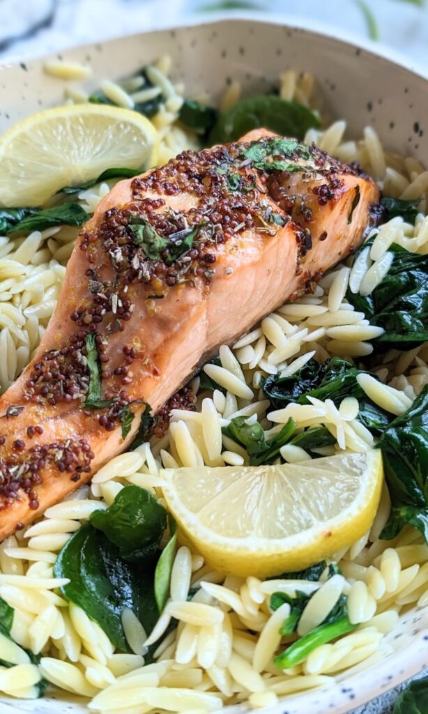 tender flaky salmon with spinach orzo pasta and fresh lemon juice over a creamy garlic sauce and spices
