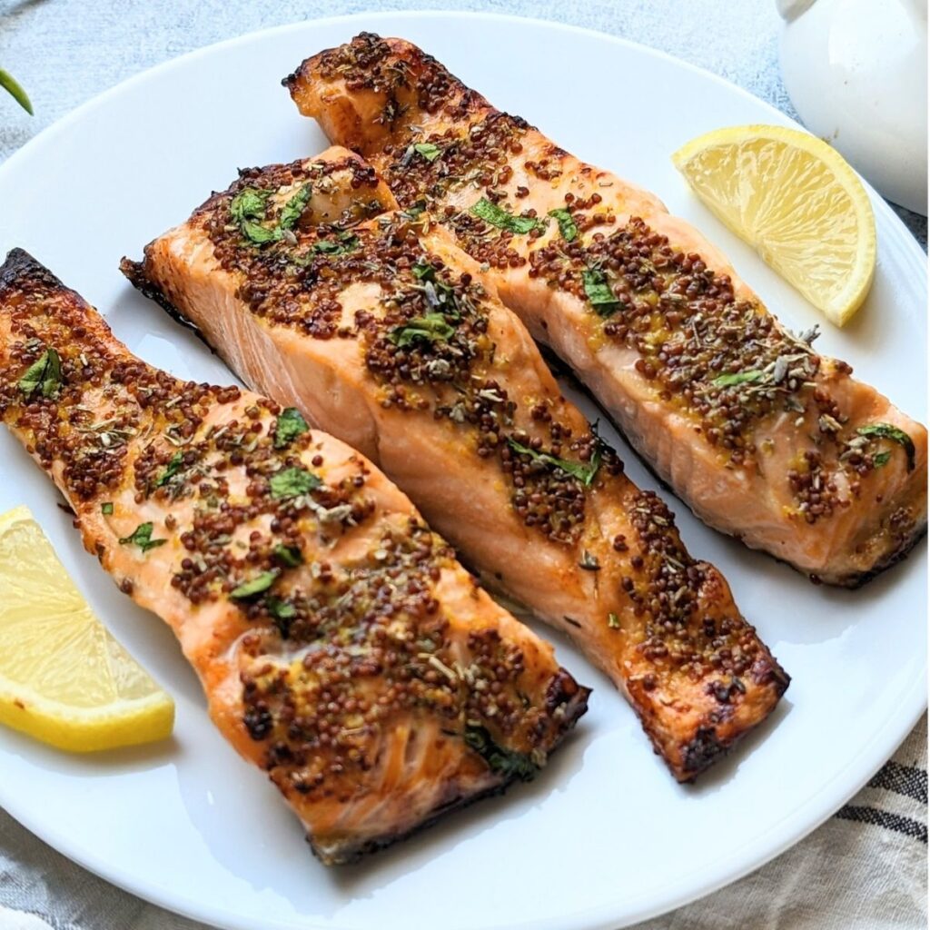 French salmon recipe with lemon mustard white wine and french herbs and spices