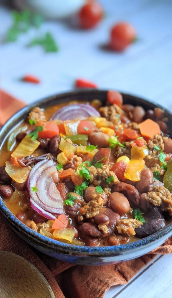 high protein sirloin recipes bowl of chili with vegetables
