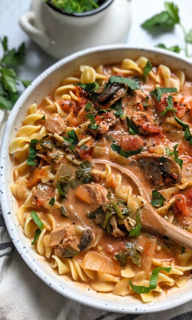 creamy chicken paprika soup with a wooden spoon on a bowl with fresh chopped parsley and egg noodles in a creamy tomato broth