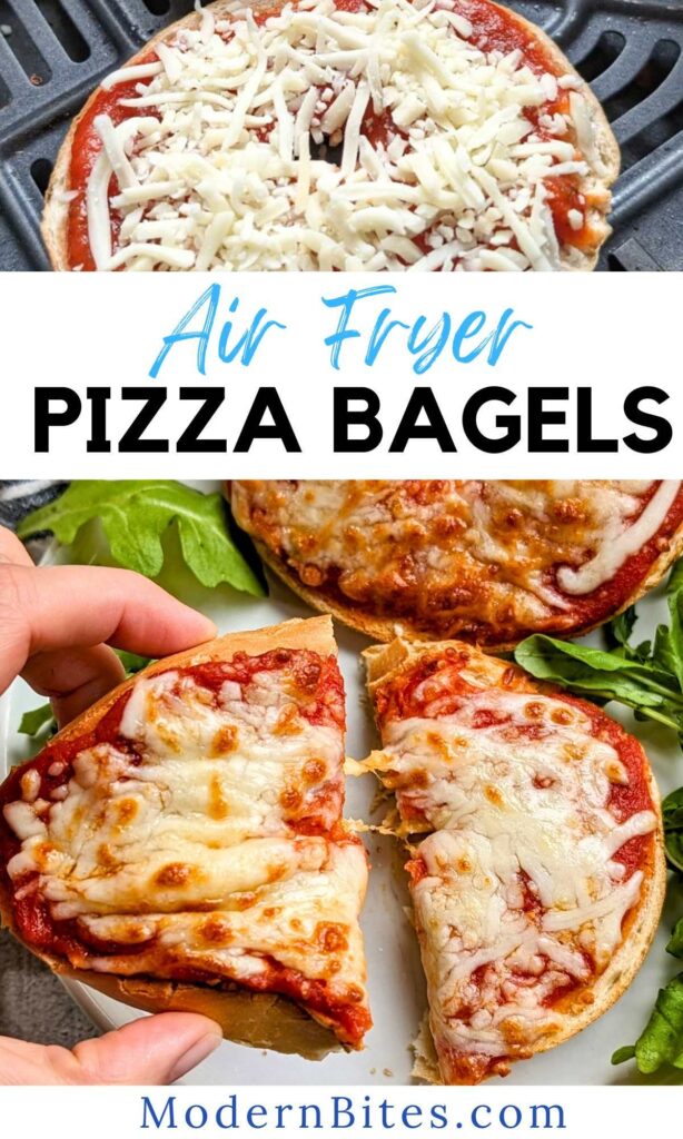 air frier pizza bagel recipe with cheese, tomato sauce, and the best bagels ever mini bagels for little pizza snacks