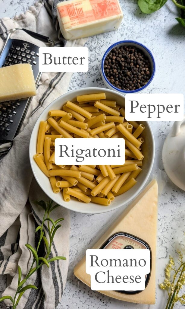 ingredients for trader joe's copycat cacio e pepe sauce like pasta pepper and romano cheese