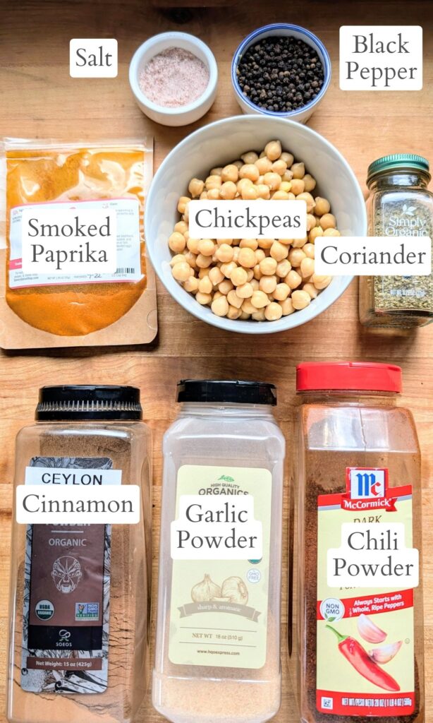 ingredients for chickpea shawarma wraps like smoked paprika, garlic powder, chili powder, and cinnamon.