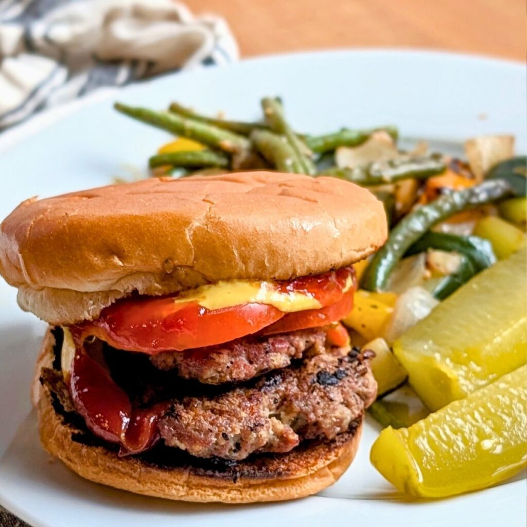 a double brisket burger patty made from ground brisket meat and vegetables.