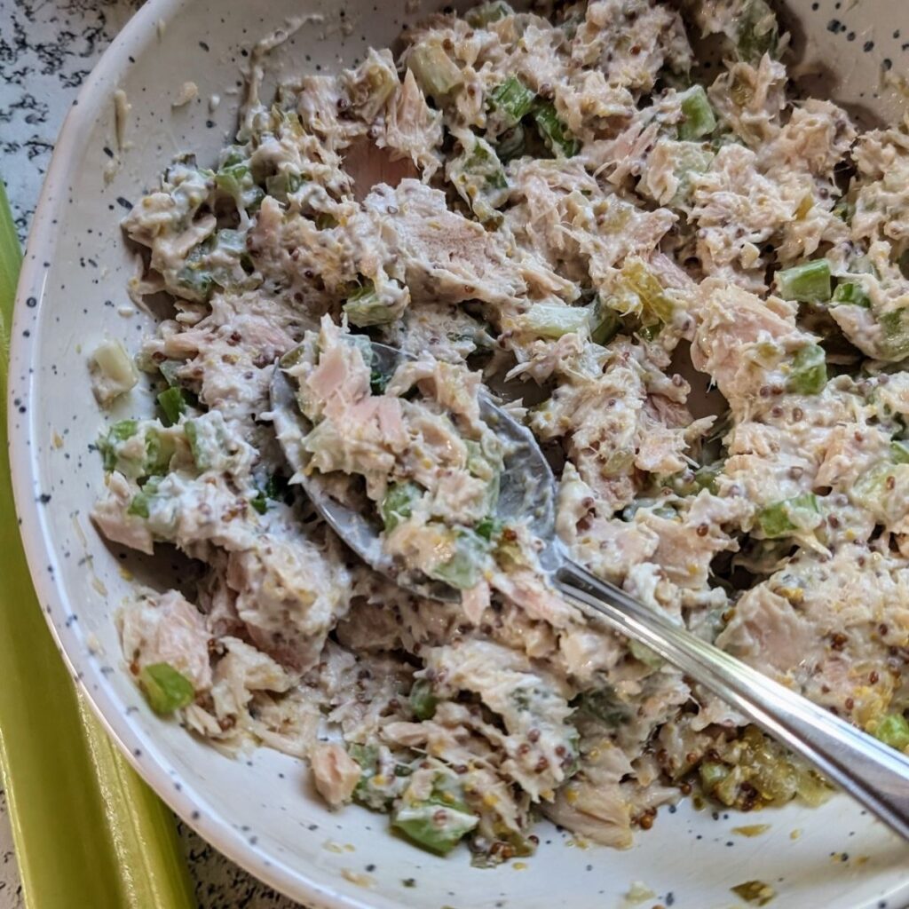 mixed greek yogurt tuna salad ready for crackers, a sandwich, or a lettuce wrap.