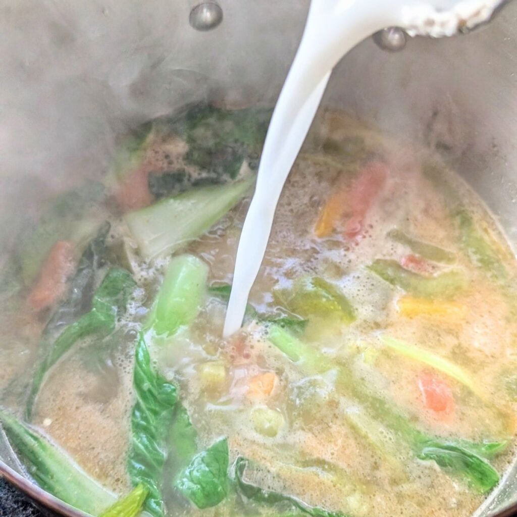 pouring coconut milk into thai noodle soup with vegetables for a vegan lunch idea.