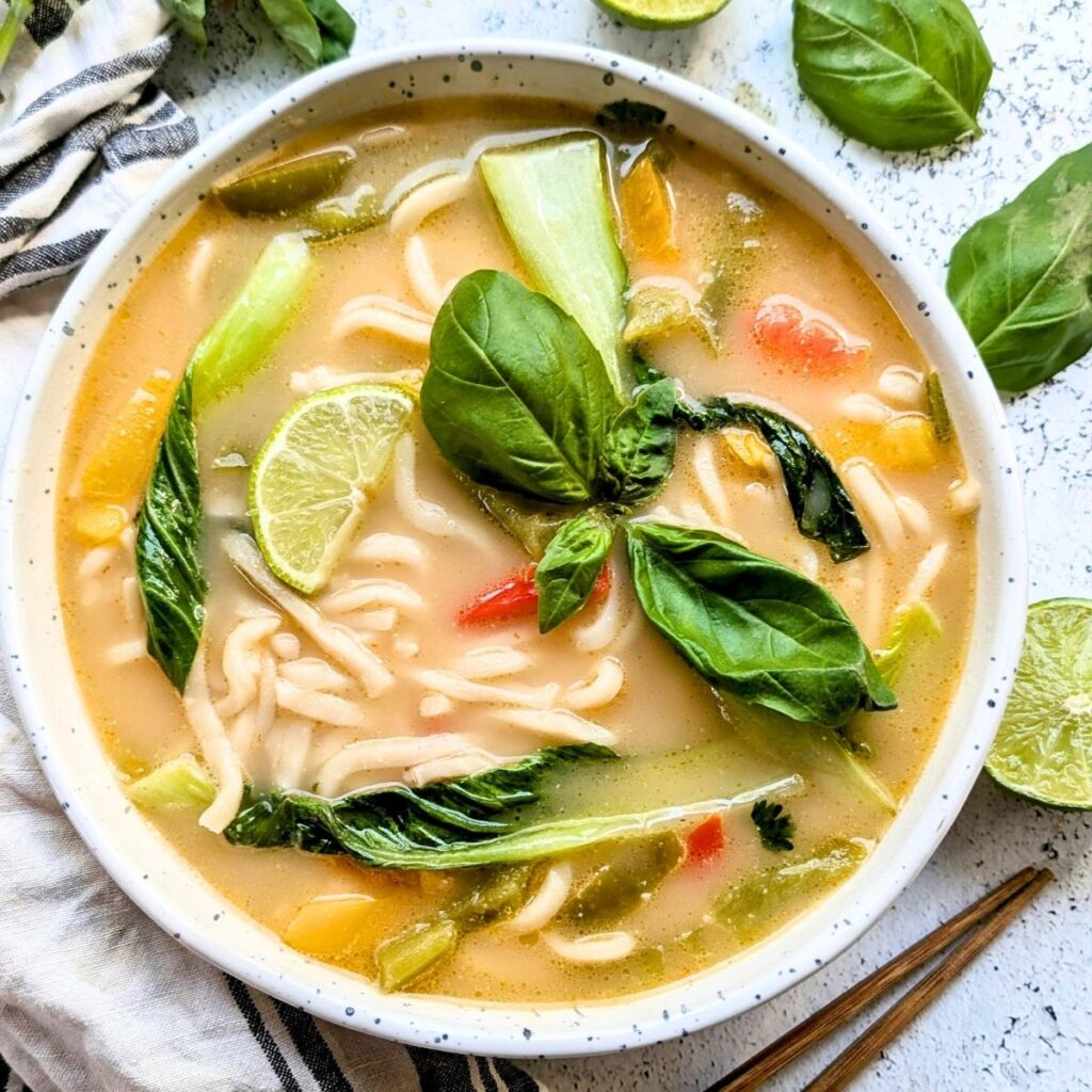 thai wheat noodle recipes with soup basil bell peppers and fresh lime.