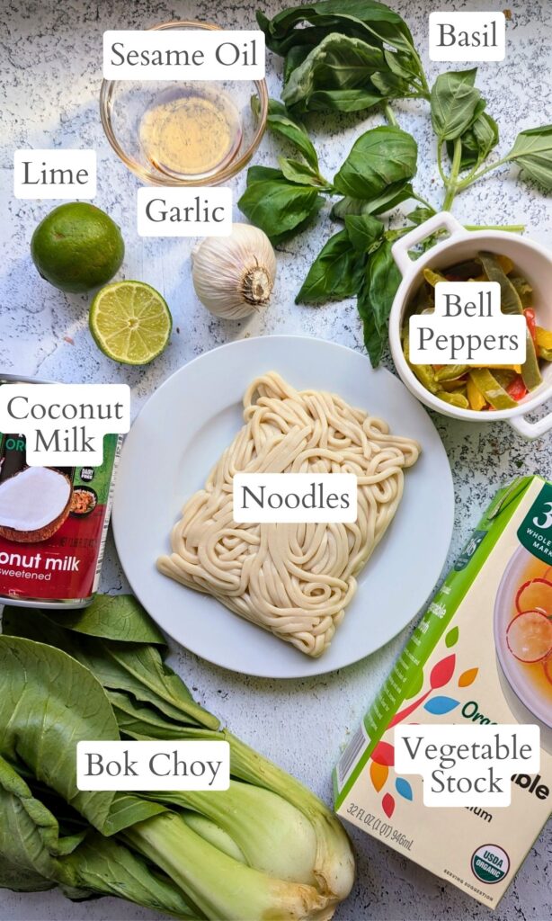 thai wheat noodle soup ingredients like bok choy bell peppers thai basil and fresh lime