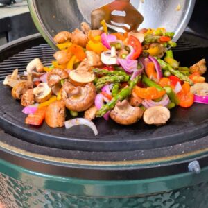 big green egg vegetables recipe with mushrooms bell peppers onions and green beans