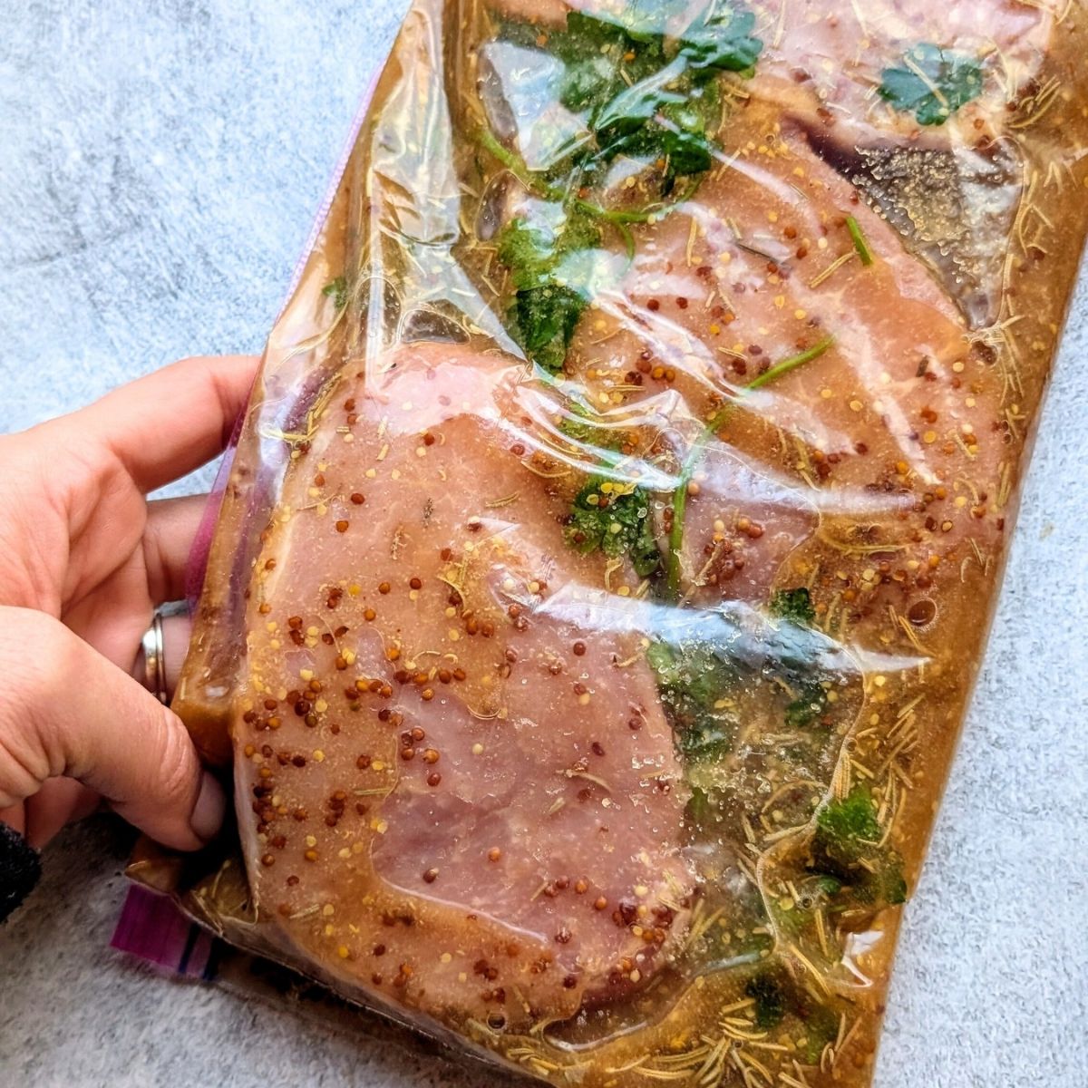 a bag of marinading pork chops with mustard, apple cider vinegar, and onion