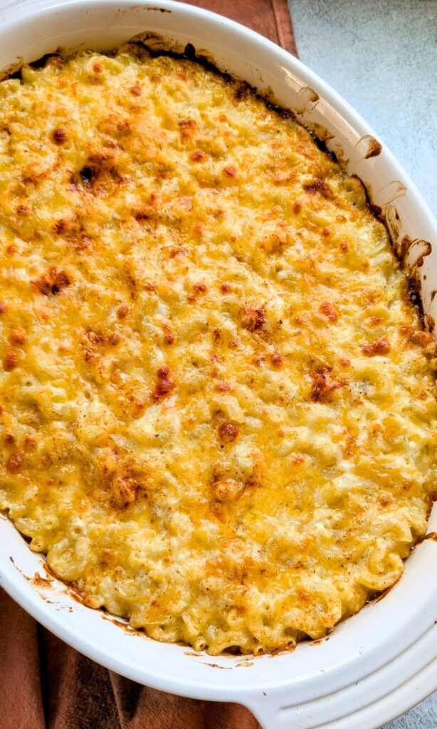 a baking dish of creamy macaroni with italian ricotta cheese whole milk mac and cheese