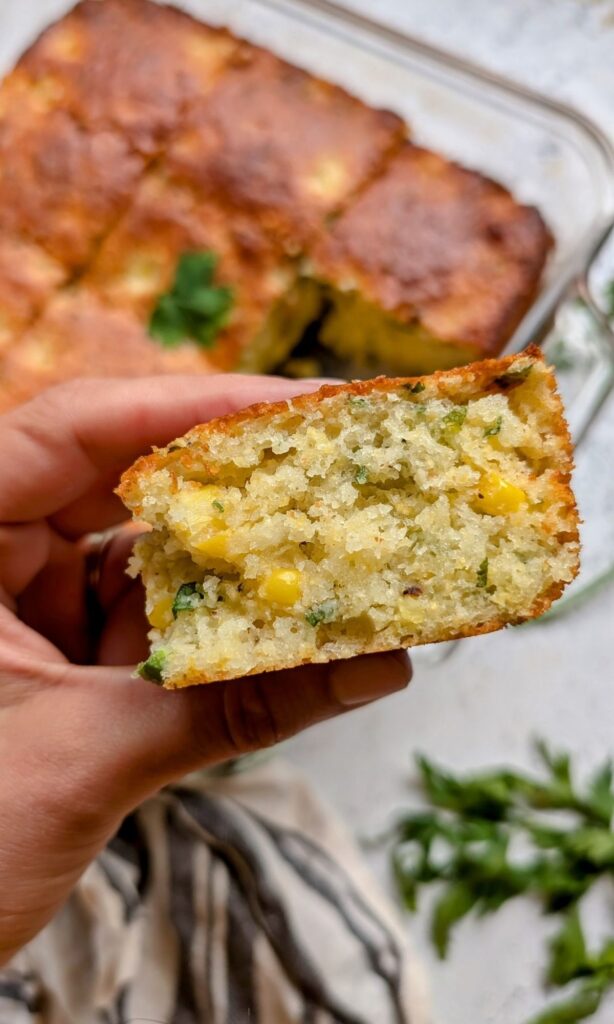 fresh cilantro cornbread recipe with chopped herbs and frozen corn