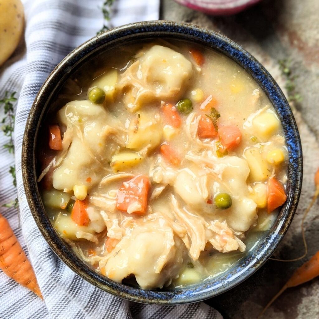 a big bowl of coconut milk chicken and dumplings with carrots and vegetables 