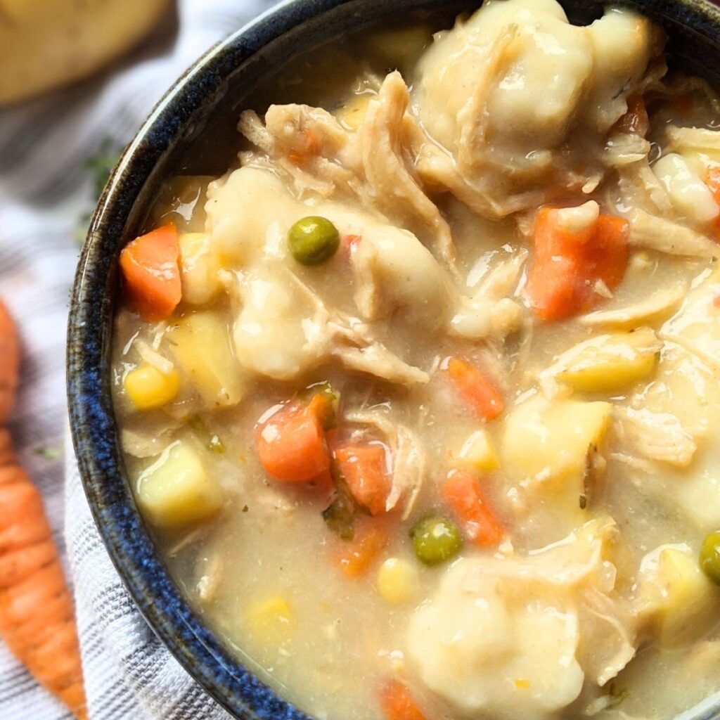 dairy free chicken and dumplings with fresh vegetables and creamy coconut milk broth.