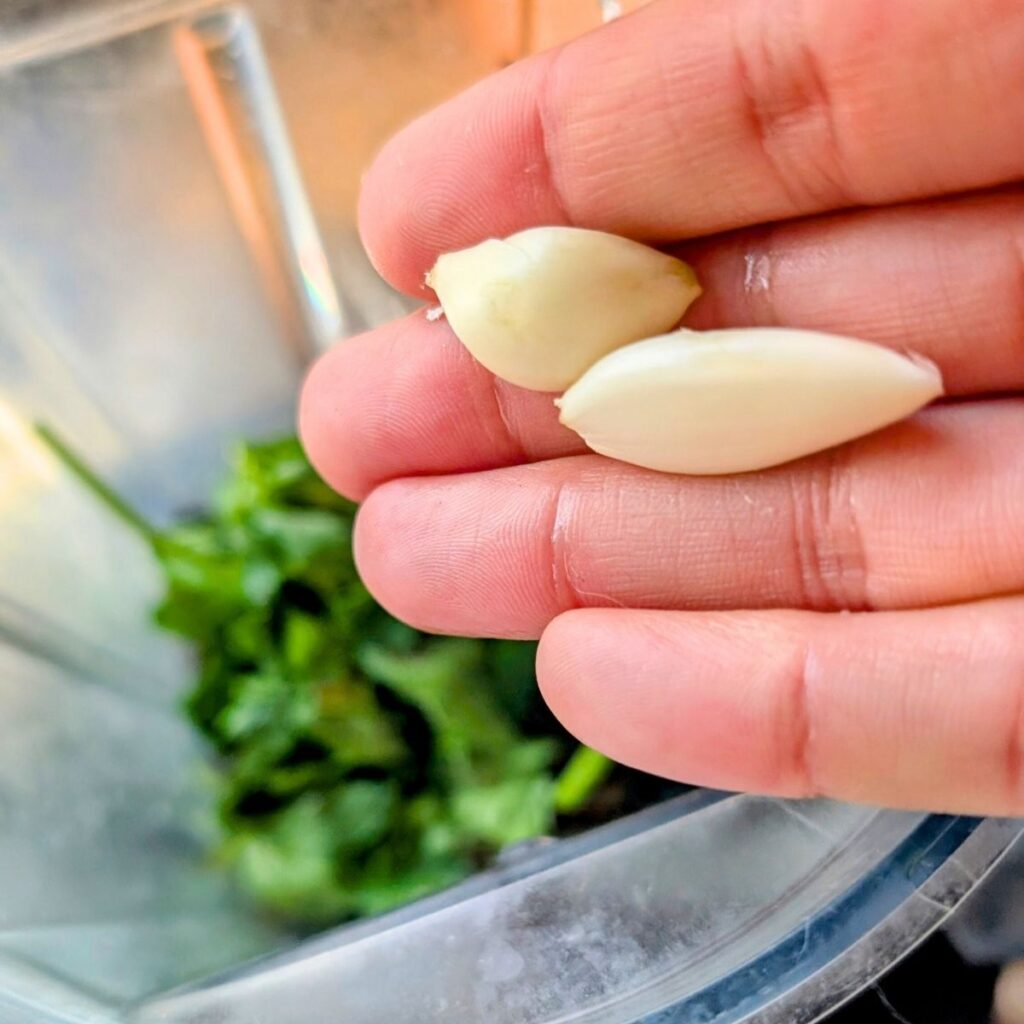 a blender full of fresh basil and fresh garlic cloves to make vinaigrette dressing