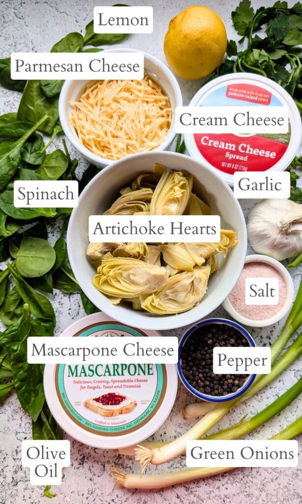 ingredients for  spinach artichoke dip like canned artichokes cream cheese, parmesan cheese, and green onions.