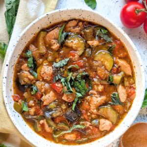 instant pot ratatouille with chicken recipe paleo dinner ideas whole30 chicken stew with peppers onions eggplant and tomatoes healthy summer stew dairy free and high protein soup with chicken peppers pasta eggplant carrots French recipes for summer