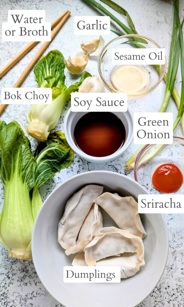 bok choy dumpling soup recipe with green onions, frozen dumplings, and sriracha for some spice.