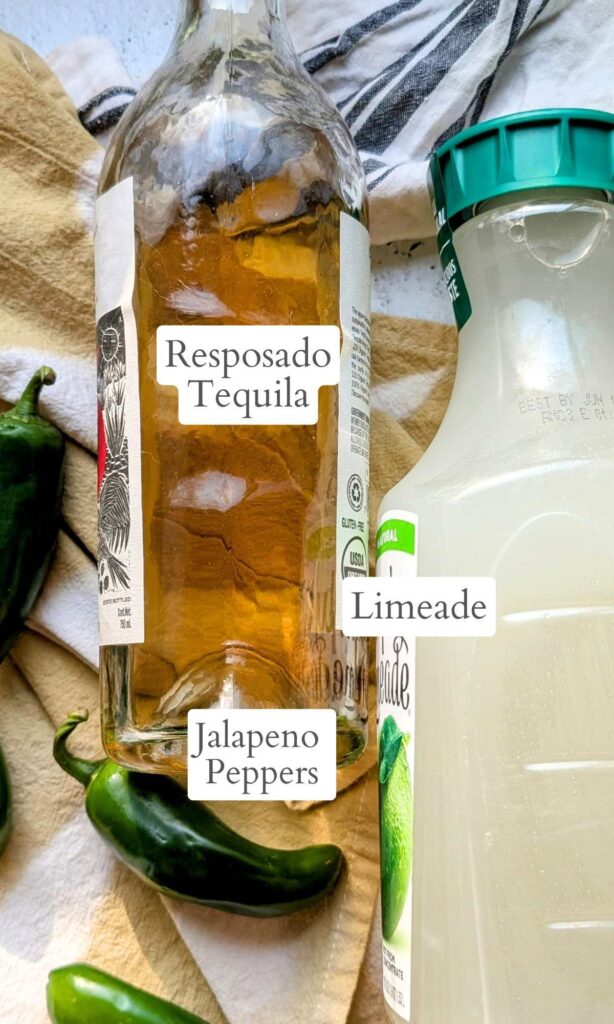 3 ingredients for margaritas with tequila, limeade, and jalapeno peppers.