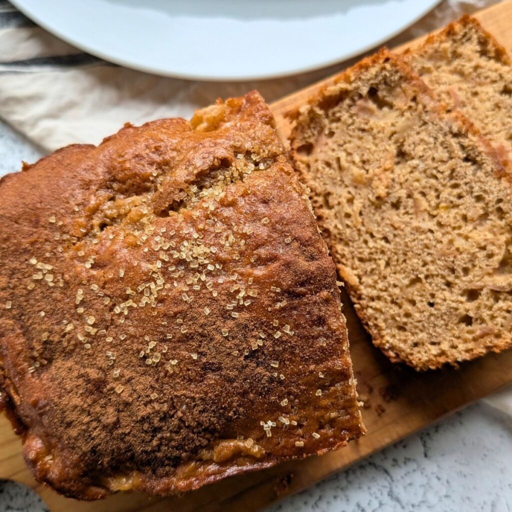 sliced apple bread with cinnamon and turbinado sugar on top for cake bread crunch