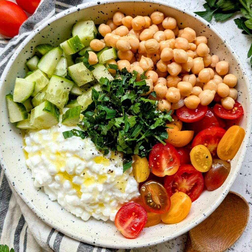 cottage cheese macro recipes vegetarian macro bowl with chickpeas and vegetables.