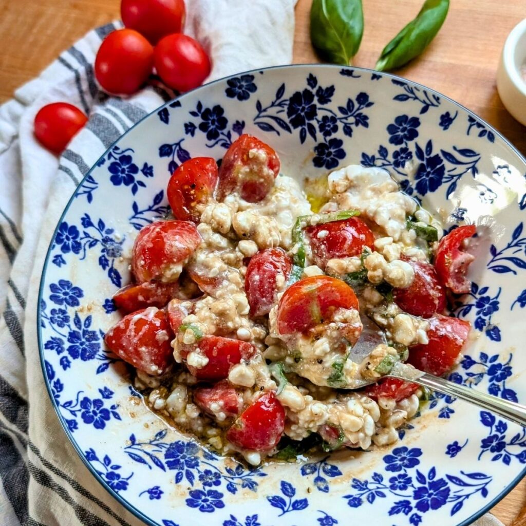 cottage cheese salad with tomatoes and basil with balsamic dressing