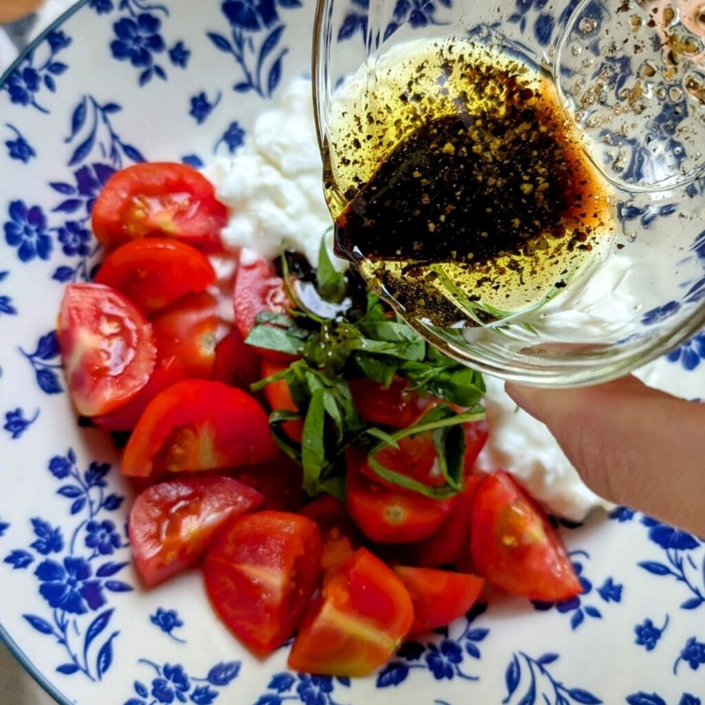 balsamic vinegarette dressing a caprese salad with cottage cheese and no mozzarella