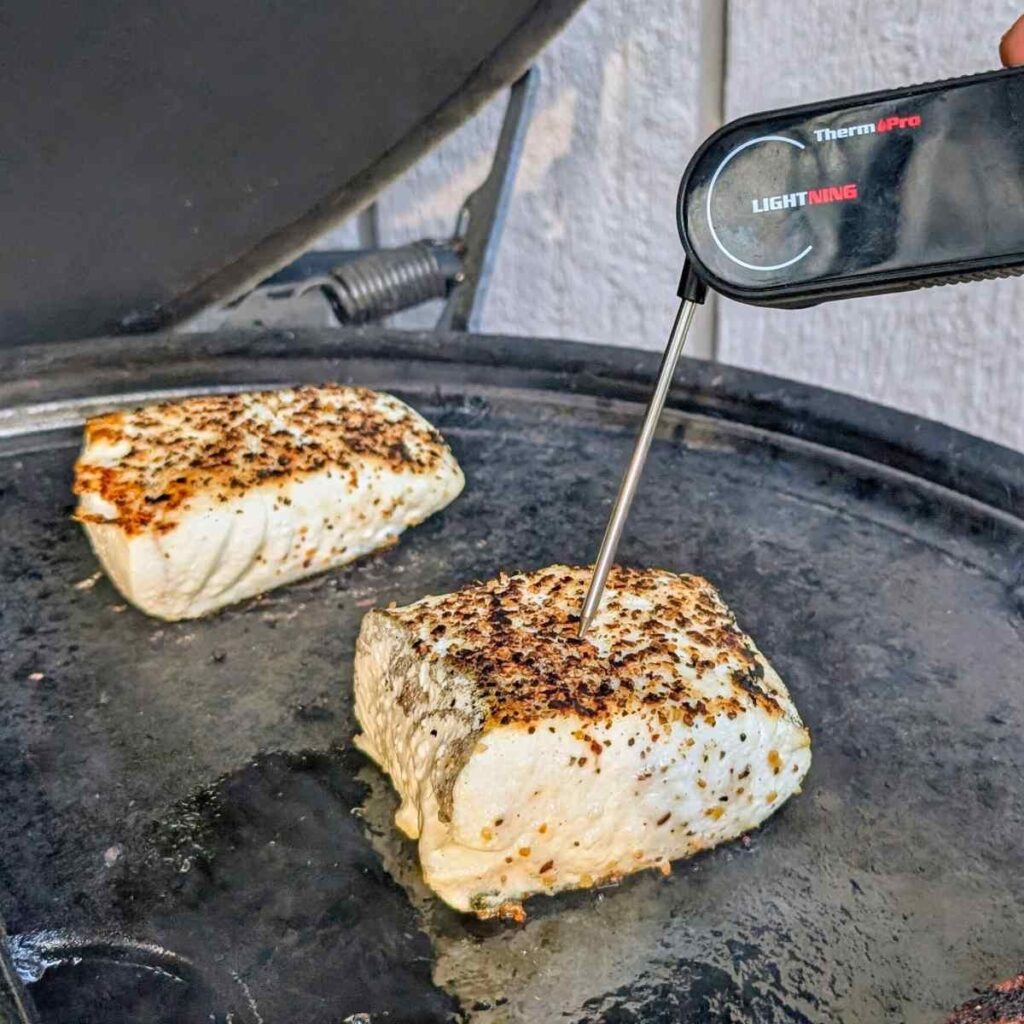 a grilled halibut filet with a meat thermometer to ensure it's fully cooked