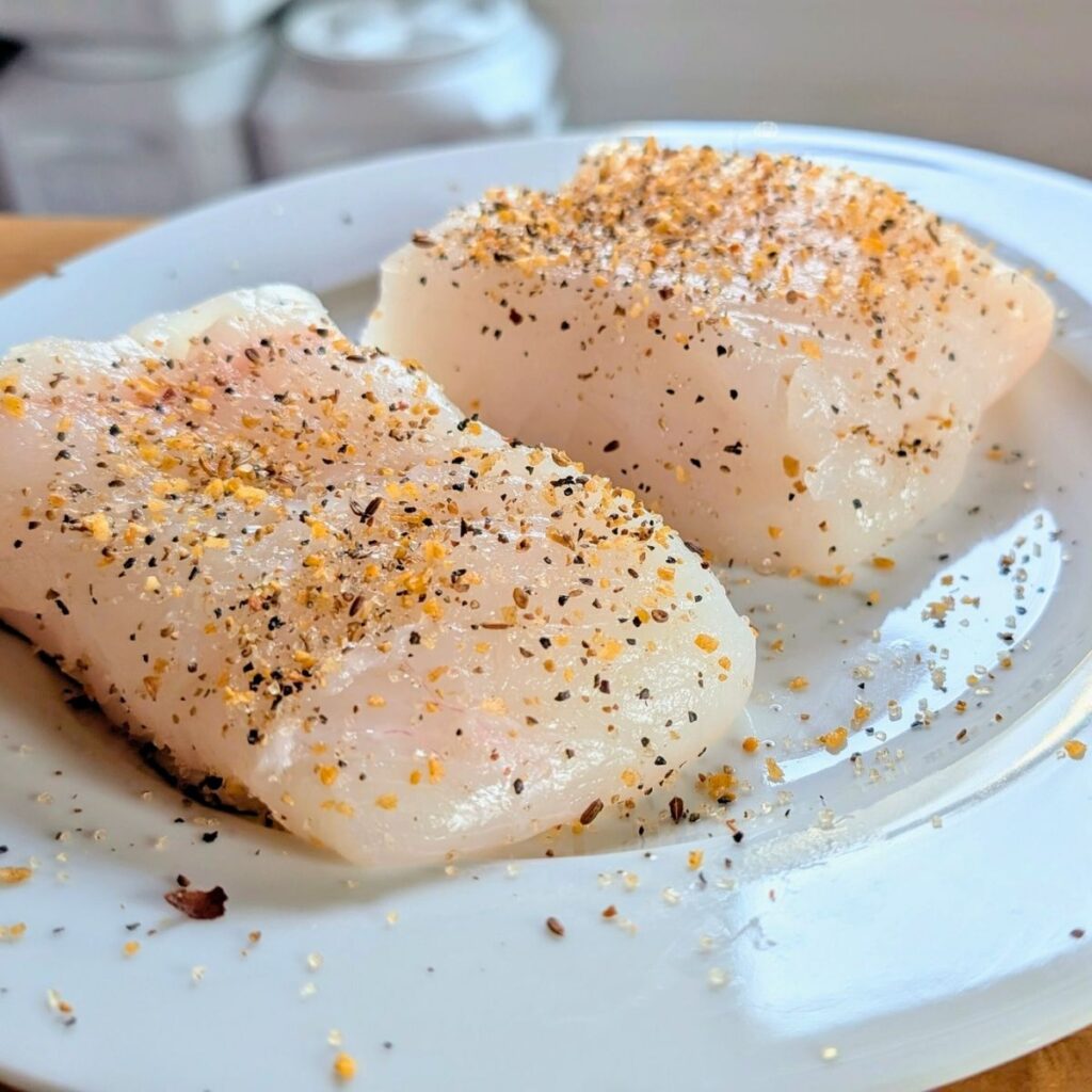 halibut steaks on a plat with steak spice, salt, and black pepper