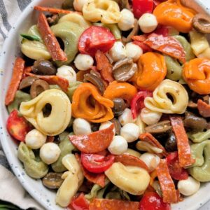 copycat costco tortellini salad recipe with mozzarella cheese and salami