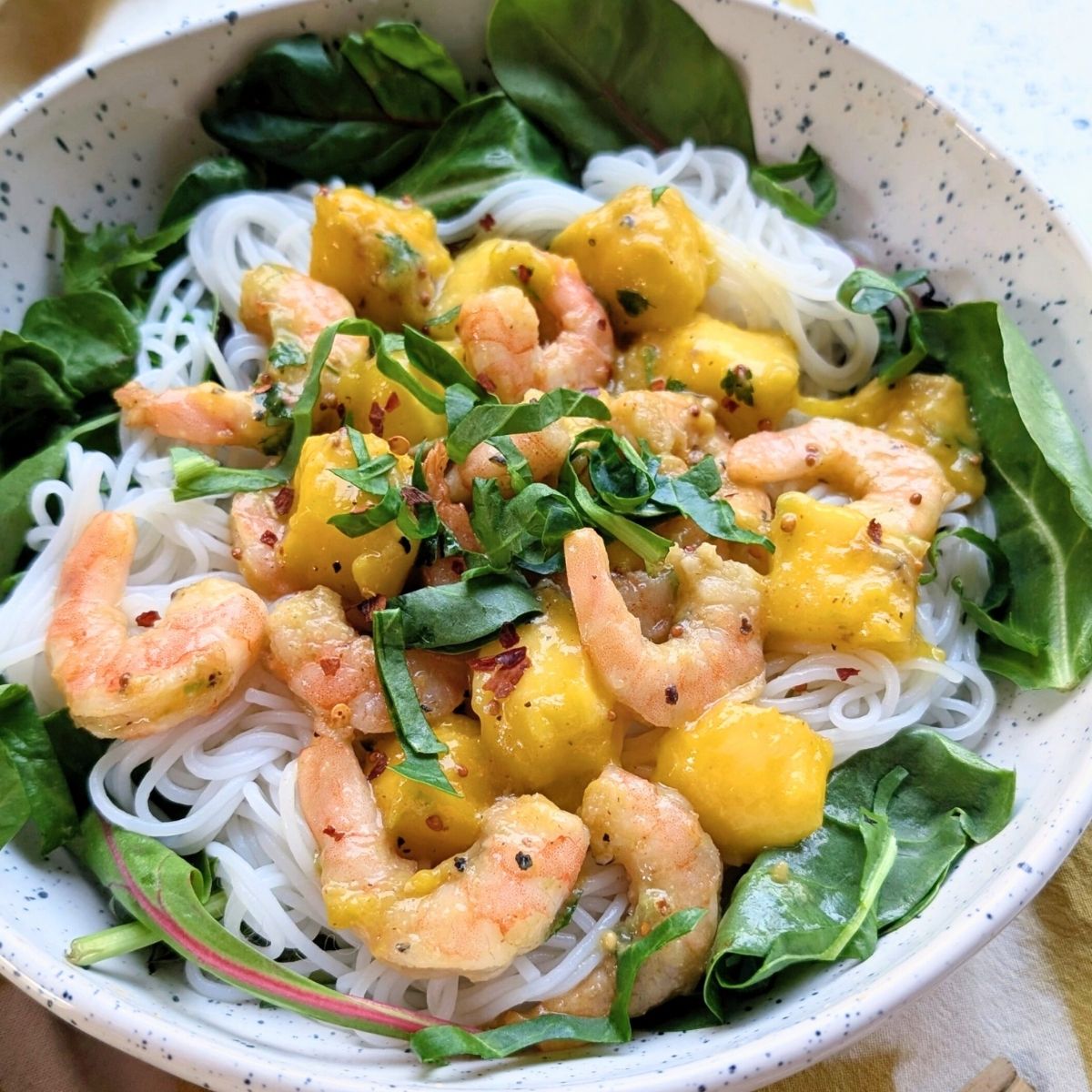 shrimp mango noodle salad with rice noodles and fresh lettuce